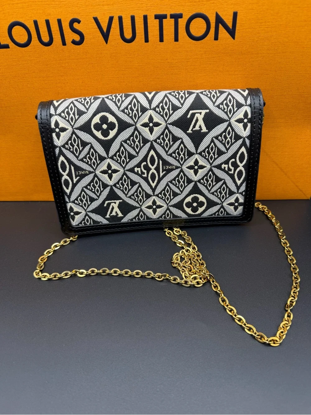 Louis Vuitton Black Blue Jacquard Since 1854 Dauphine Chain Wallet